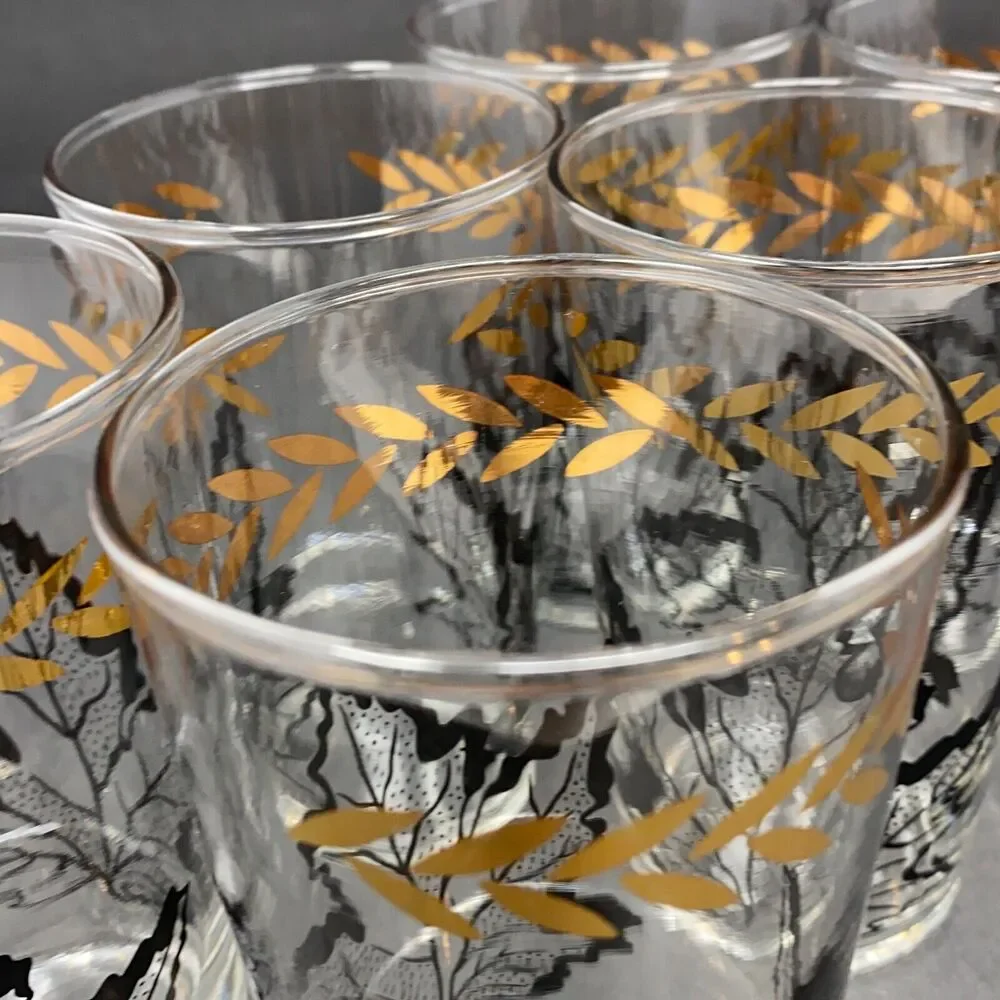 VTG Federal Glass Black Oak Leaf Gold Laurel Tumblers Set 6 MCM Drinking Glasses